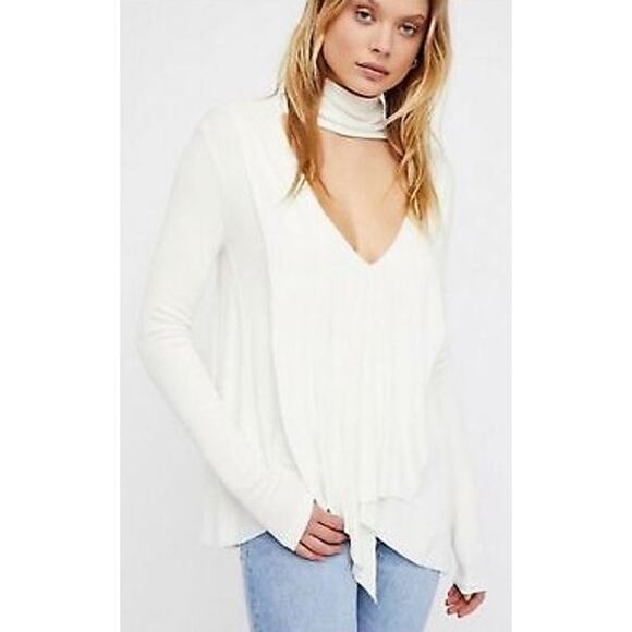 Free People Uptown Choker Turtleneck Tunic Long Sleeve Ribbed Ivory Womens XS - Picture 1 of 7